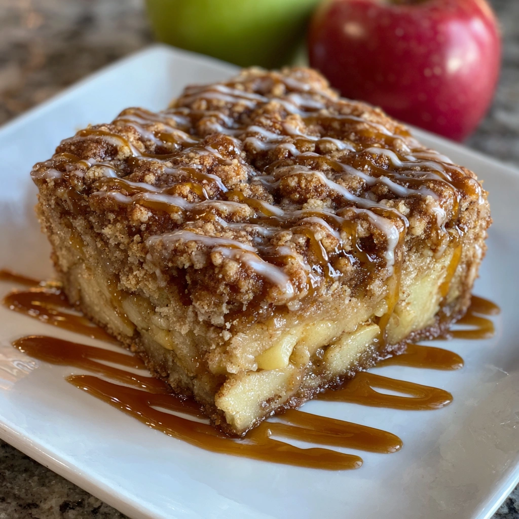 Whole cake in a pan with crumb topping and drizzle