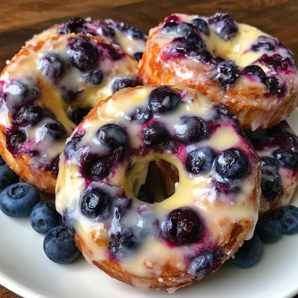 Plate of baked blueberry donuts drizzled with glaze