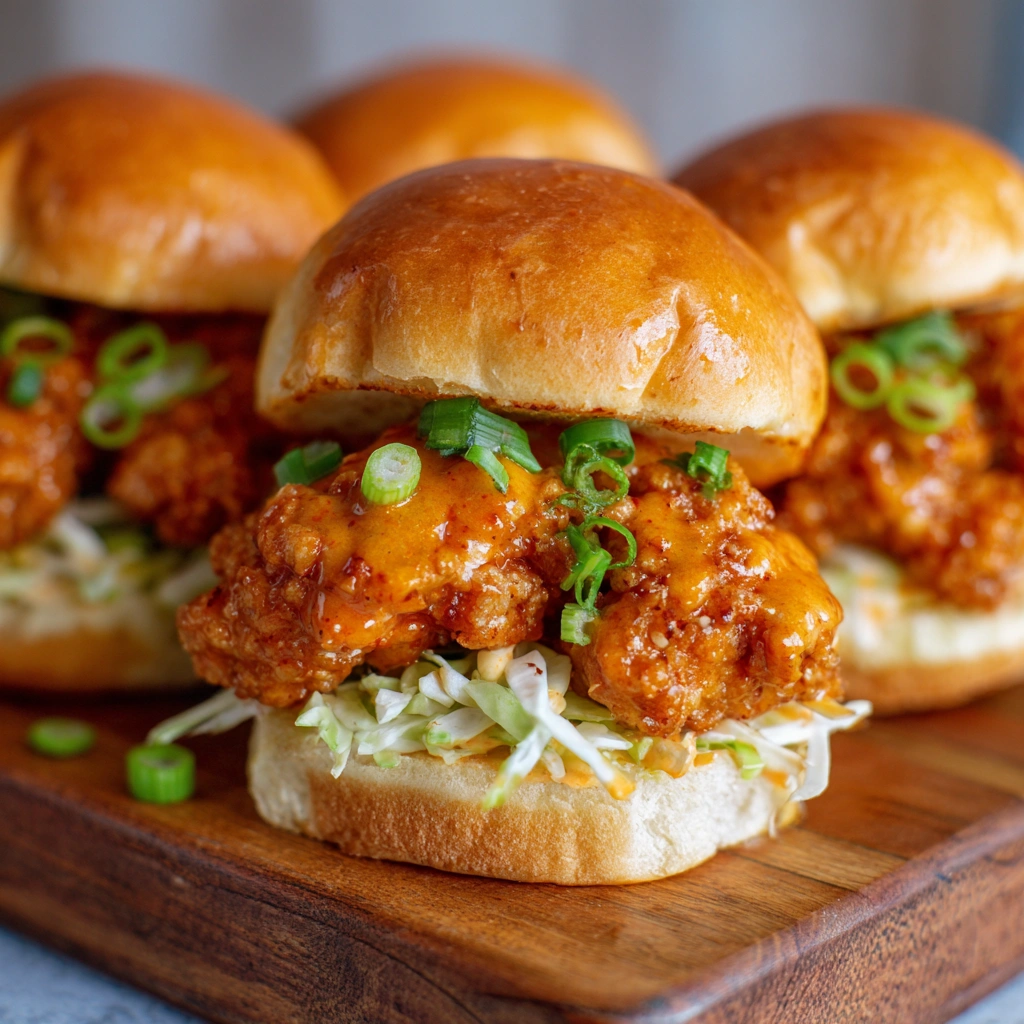 Slider bun stuffed with crispy chicken and drizzled Bang Bang sauce