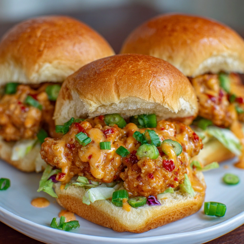 Close-up of chicken slider dripping with Bang Bang sauce