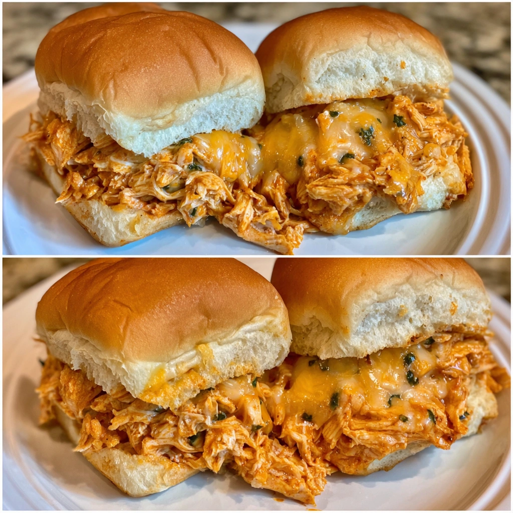 Baked buffalo chicken sliders in dish, brushed with garlic butter