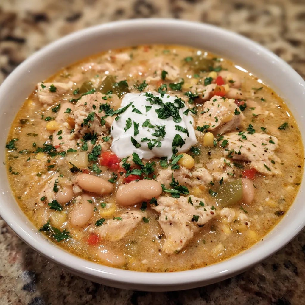 Close-up of hearty chili with chicken chunks, beans, and corn in a creamy broth.