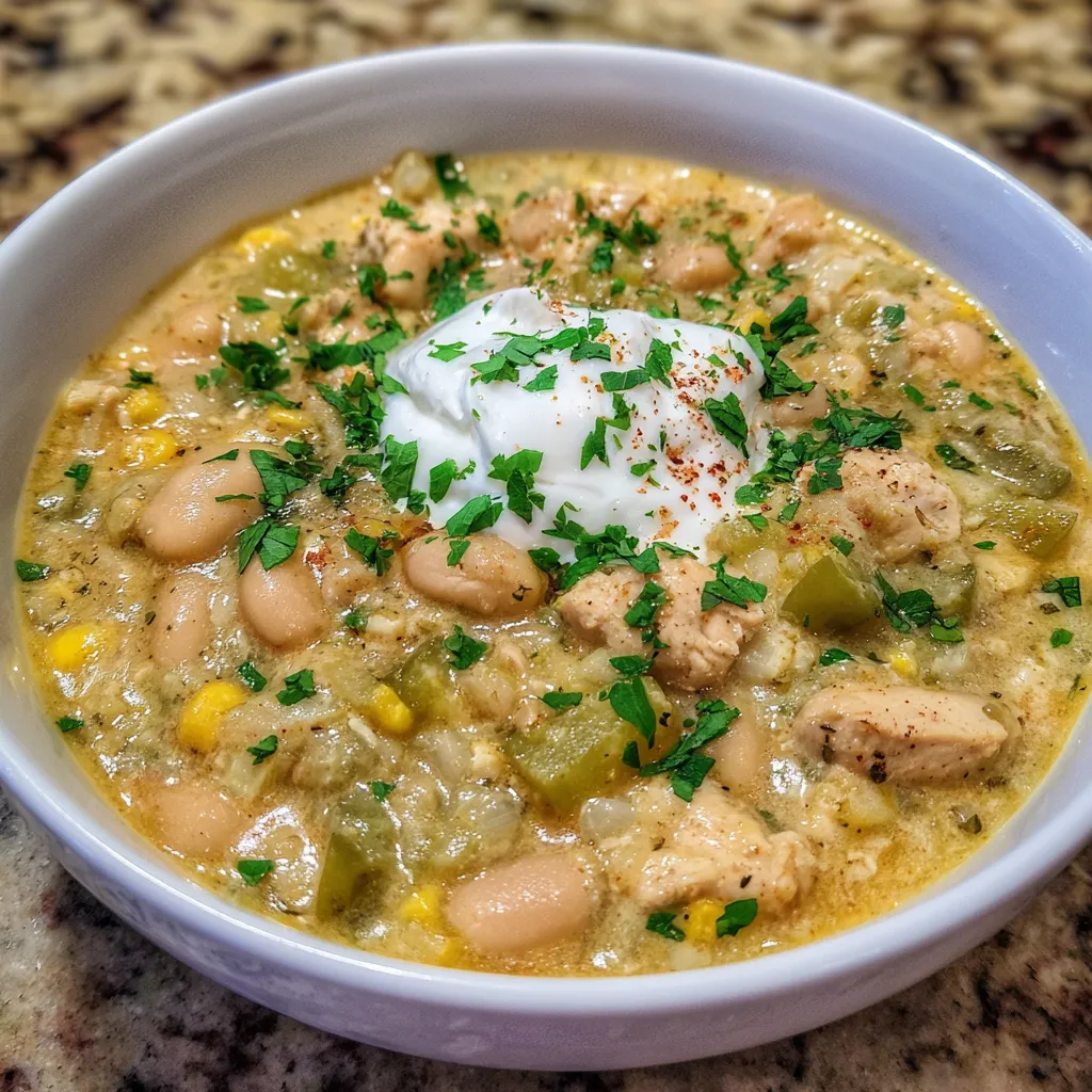 Overhead shot of a pot filled with creamy Cajun chicken chili simmering.