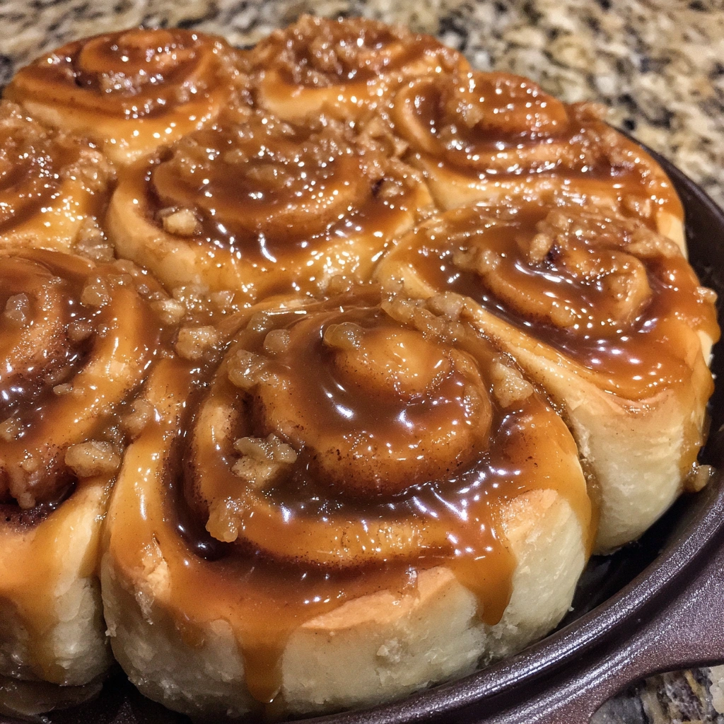 Close-up of cinnamon roll swirl with caramel drizzle