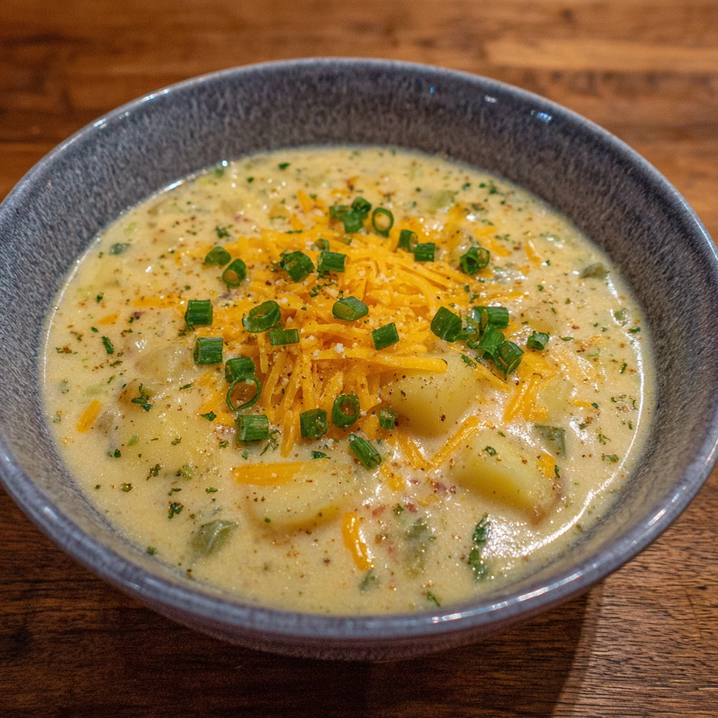 Bowl of creamy cheddar garlic herb potato soup topped with green onions