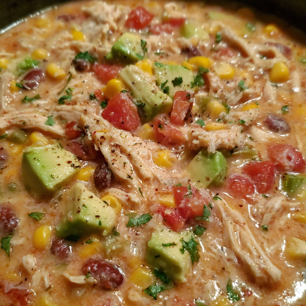 Pot of chicken taco soup simmering with cheese melting in