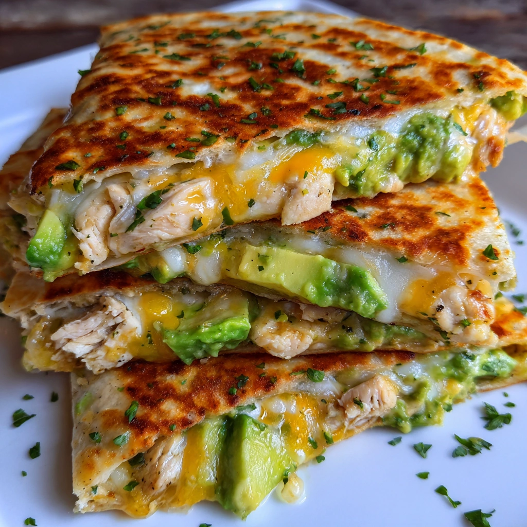 Close-up of gooey cheese pulling from a chicken avocado quesadilla
