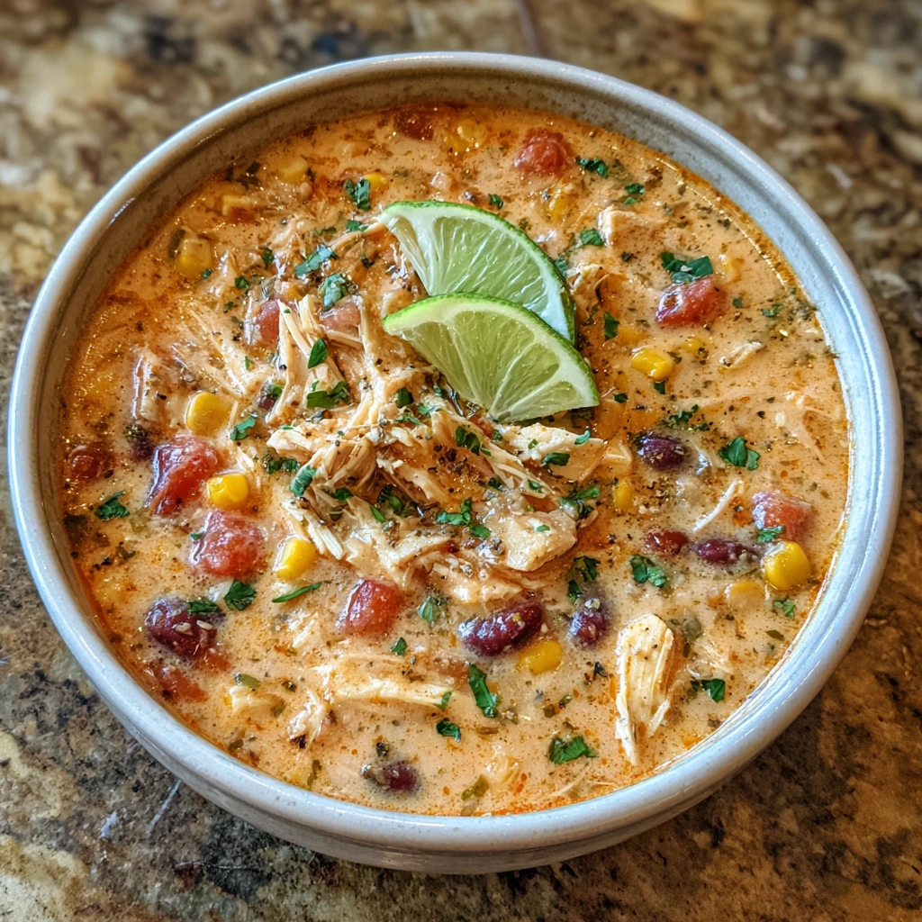 Rustic bowl of soup with jalapeños and lime wedges on the side