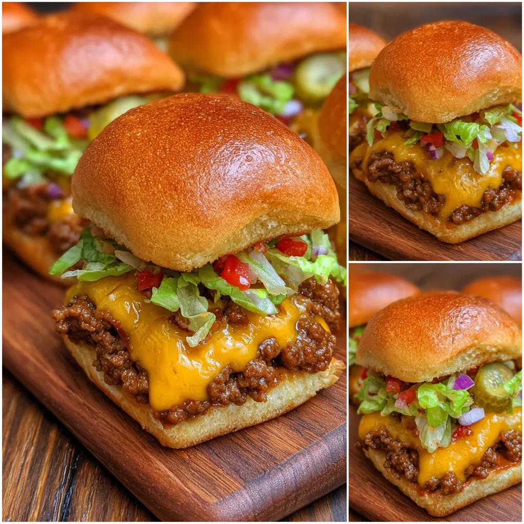 Gooey, cheesy Big Mac sliders pulled apart from tray