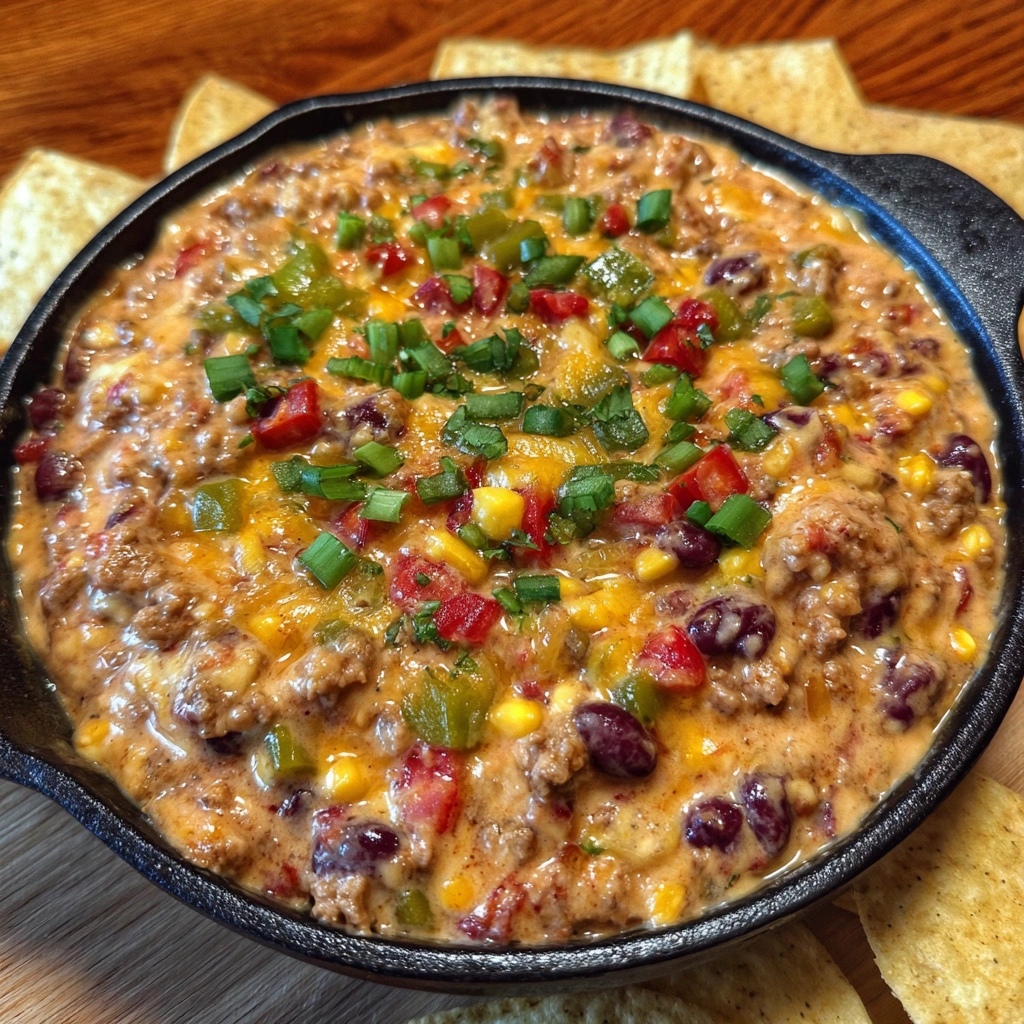 Spoonful of cheesy cowboy queso being scooped with a chip