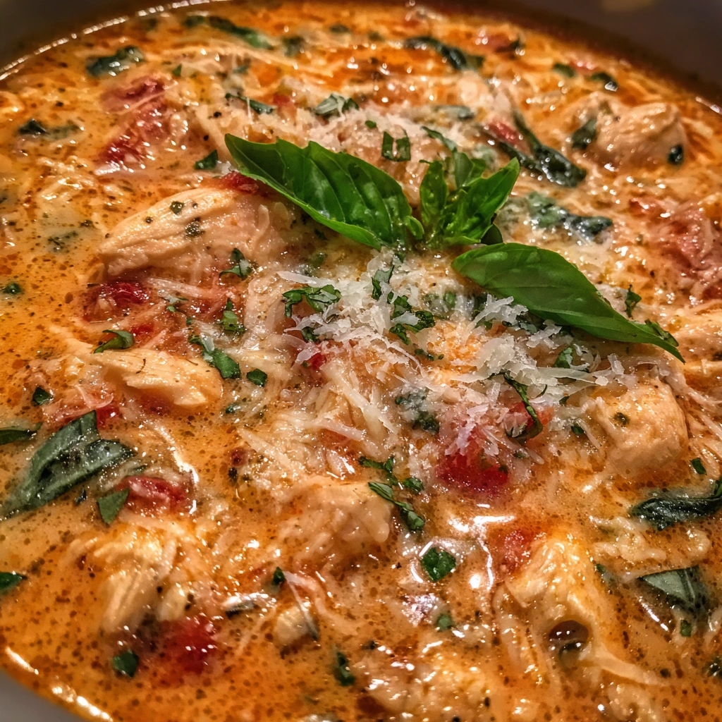 Slow-cooked creamy tomato chicken soup topped with parmesan