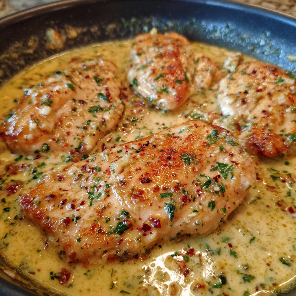 Plated garlic parmesan chicken with creamy sauce and parsley garnish