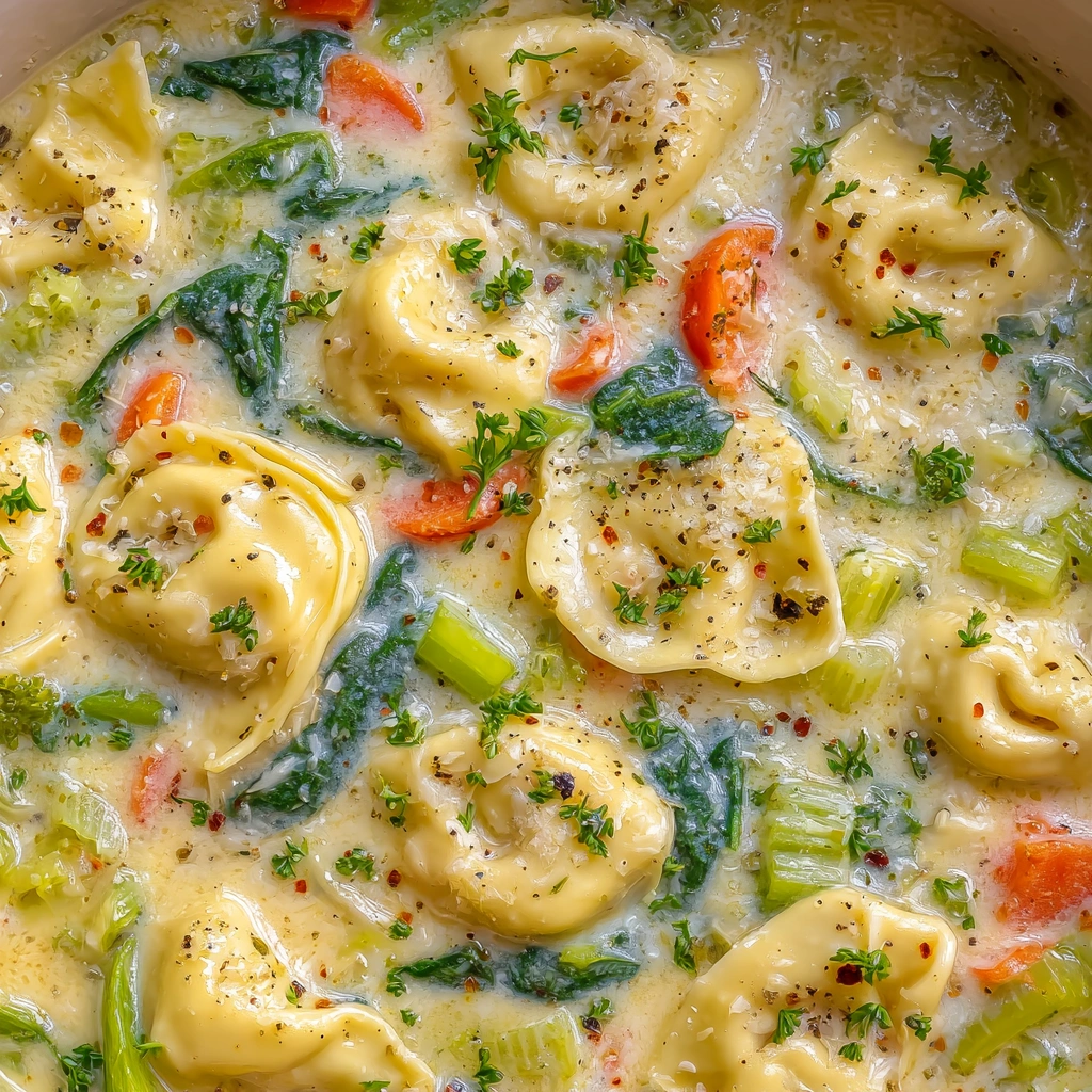 Pot of tortellini soup with spinach, tomatoes, and cream