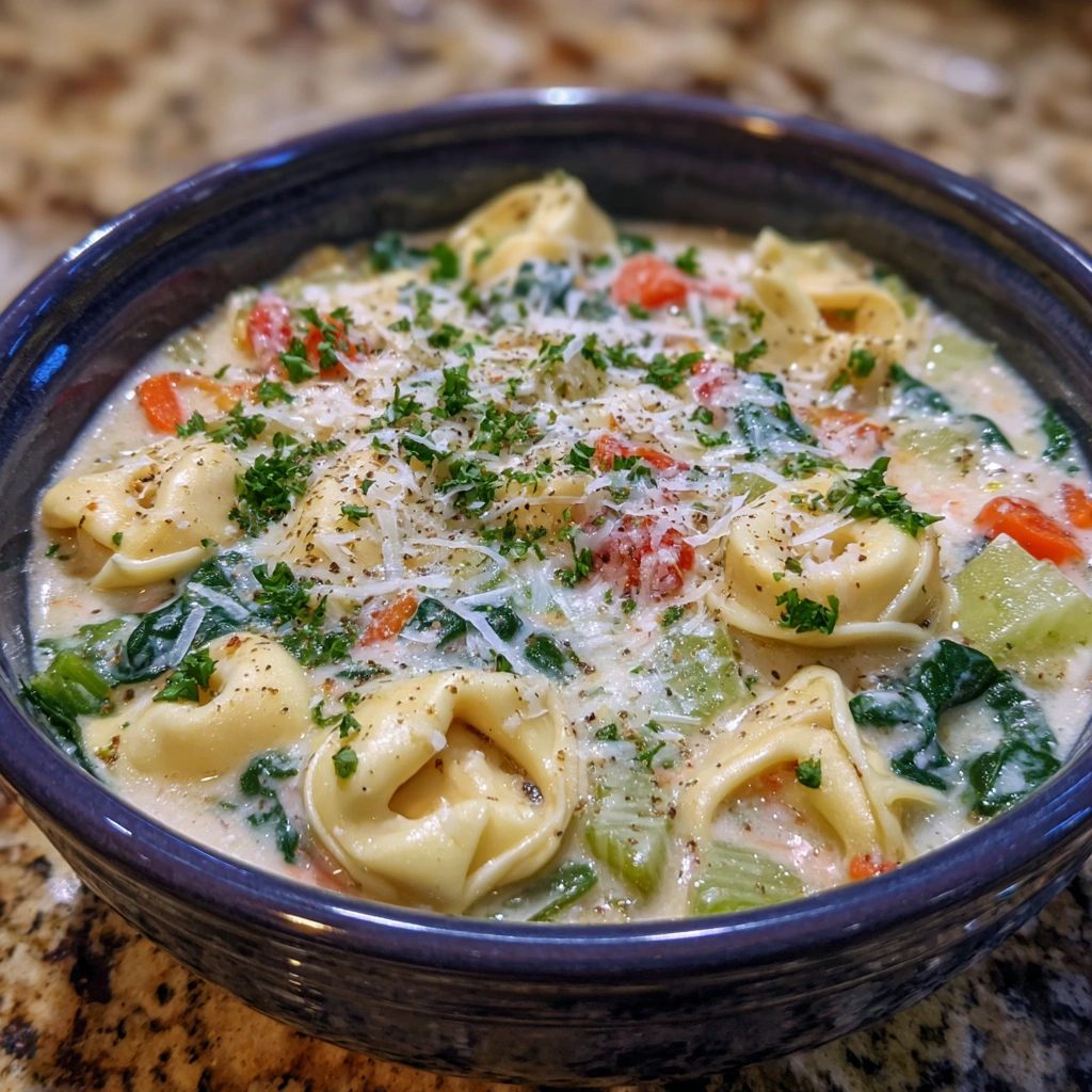 Spoonful of tortellini soup lifted from a bowl with herbs