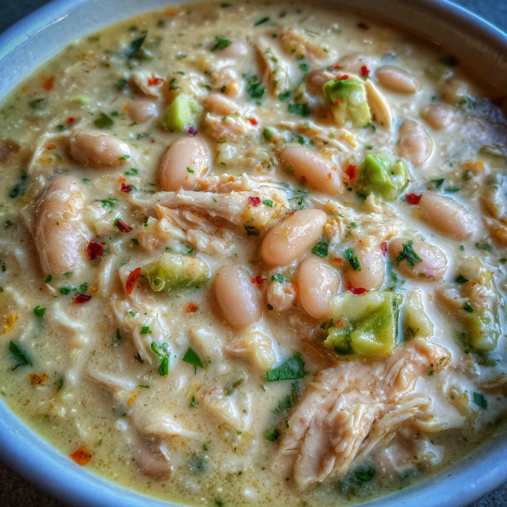 Bowl of white chicken chili topped with avocado and cilantro