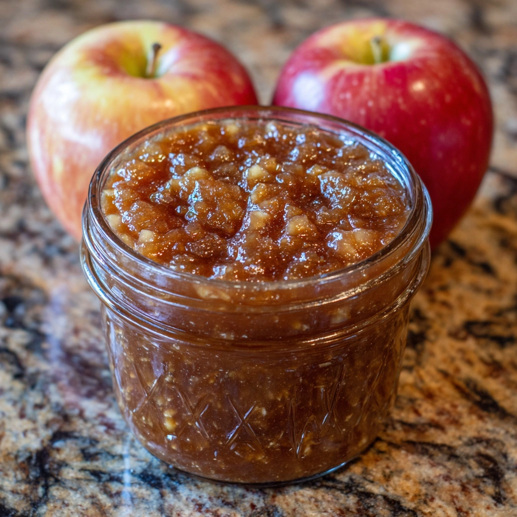 Spoon dipped into golden caramel apple jam
