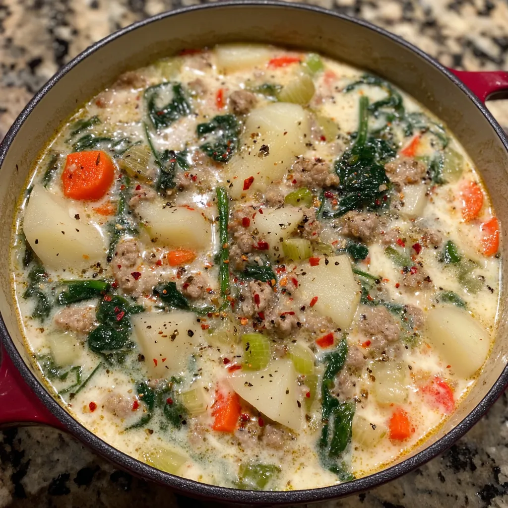 Pot of sausage potato soup simmering with potatoes and greens