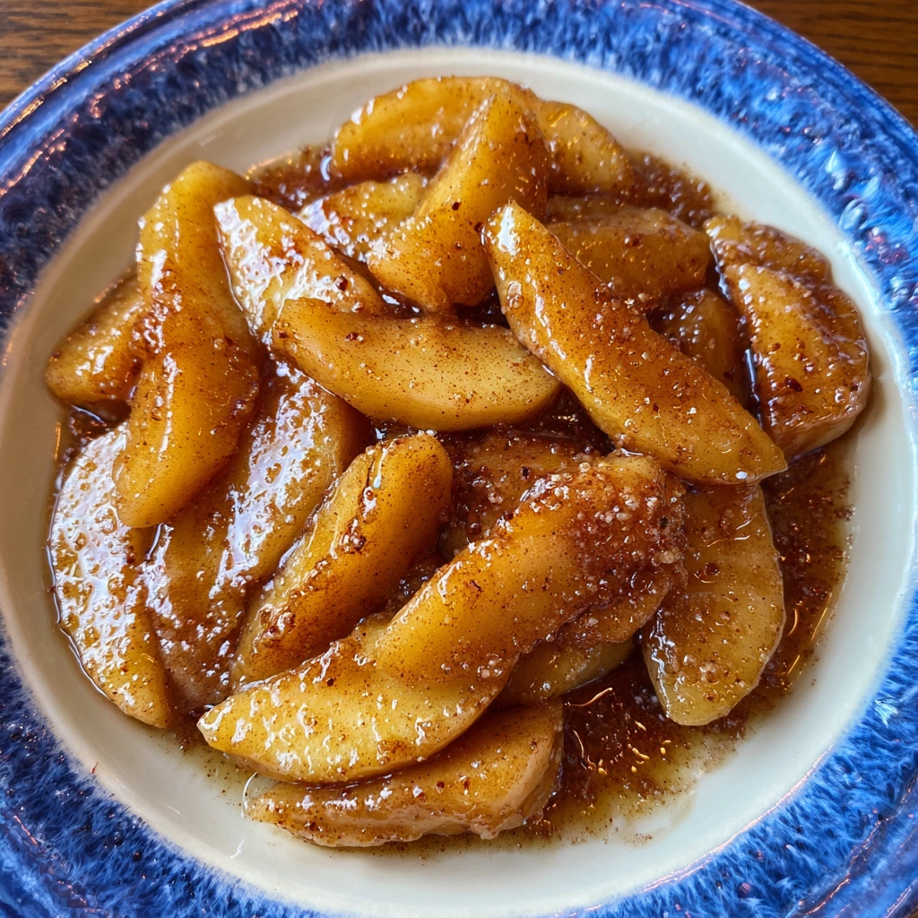 Bowl of warm fried apples with a cinnamon stick garnish
