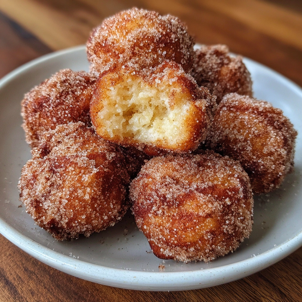 Pile of cinnamon sugar donut bites on parchment paper