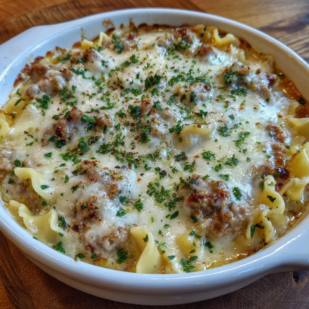 Pot of creamy lasagna soup with noodles and melted cheese