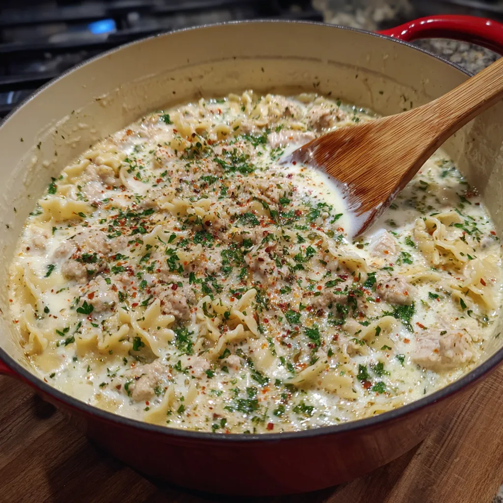 Close-up of creamy soup with noodles, chicken, and herbs