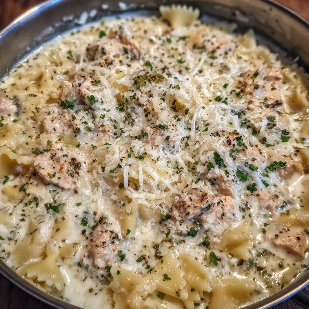 Bowl of creamy white lasagna soup topped with parsley and parmesan