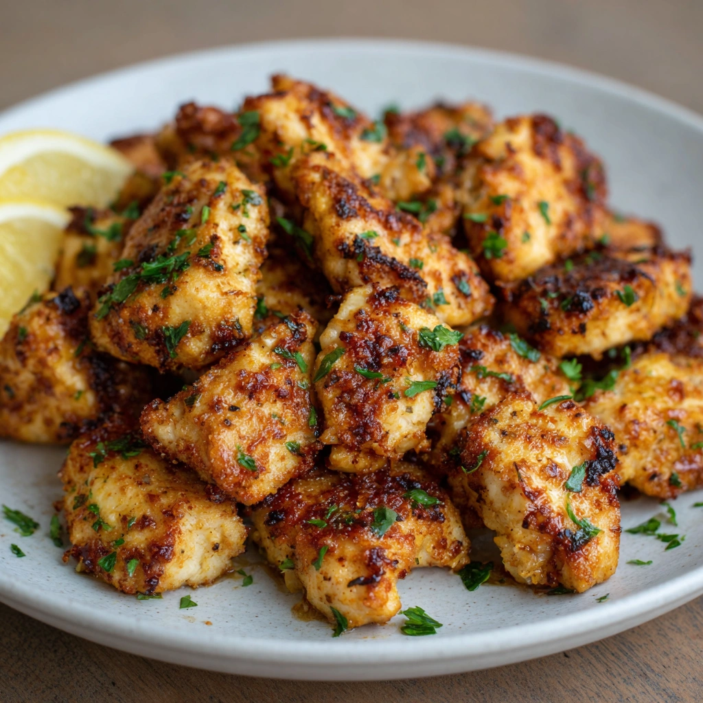 Air fryer basket filled with golden lemon chicken bites and fresh parsley.