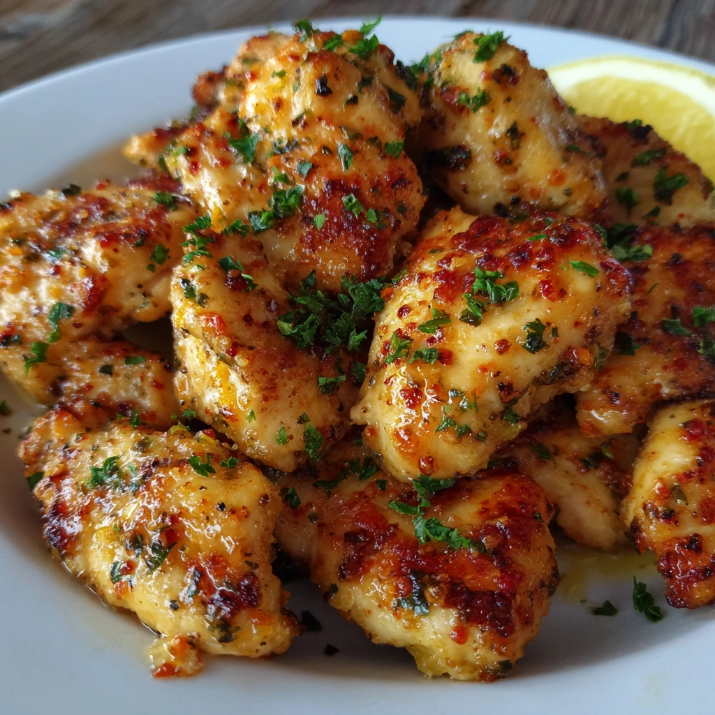 Crispy chicken chunks tossed in lemon garlic seasoning on a plate.