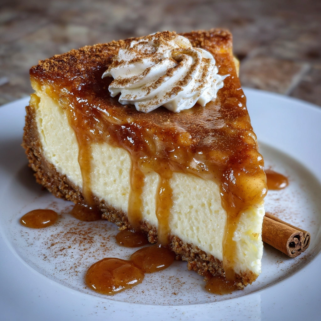 Cheesecake slice on a plate with apple slices and syrup drizzle