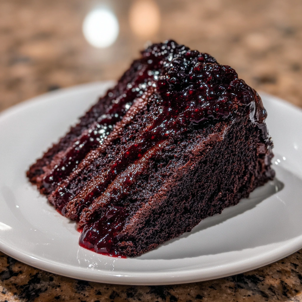 Full cake with black layers and dripping compote