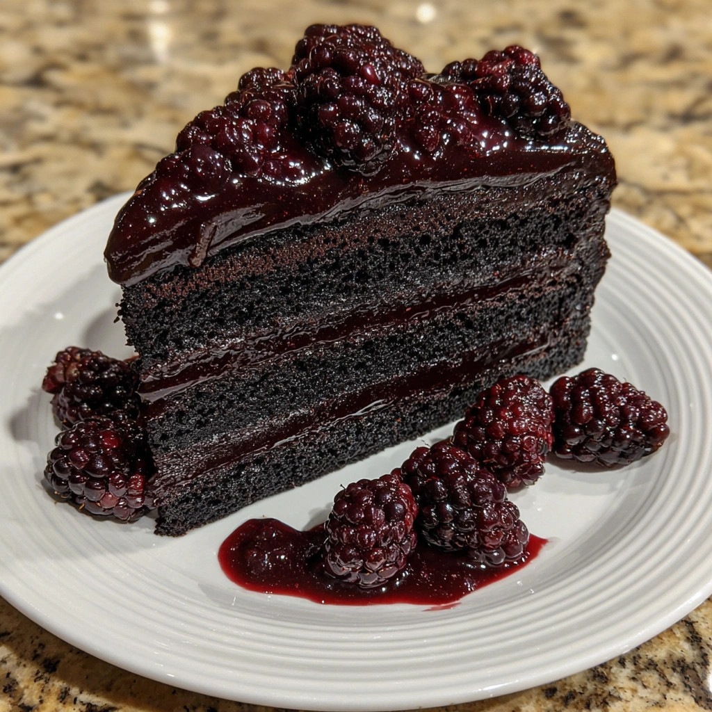 Close-up of dark cake layers with glossy berry filling