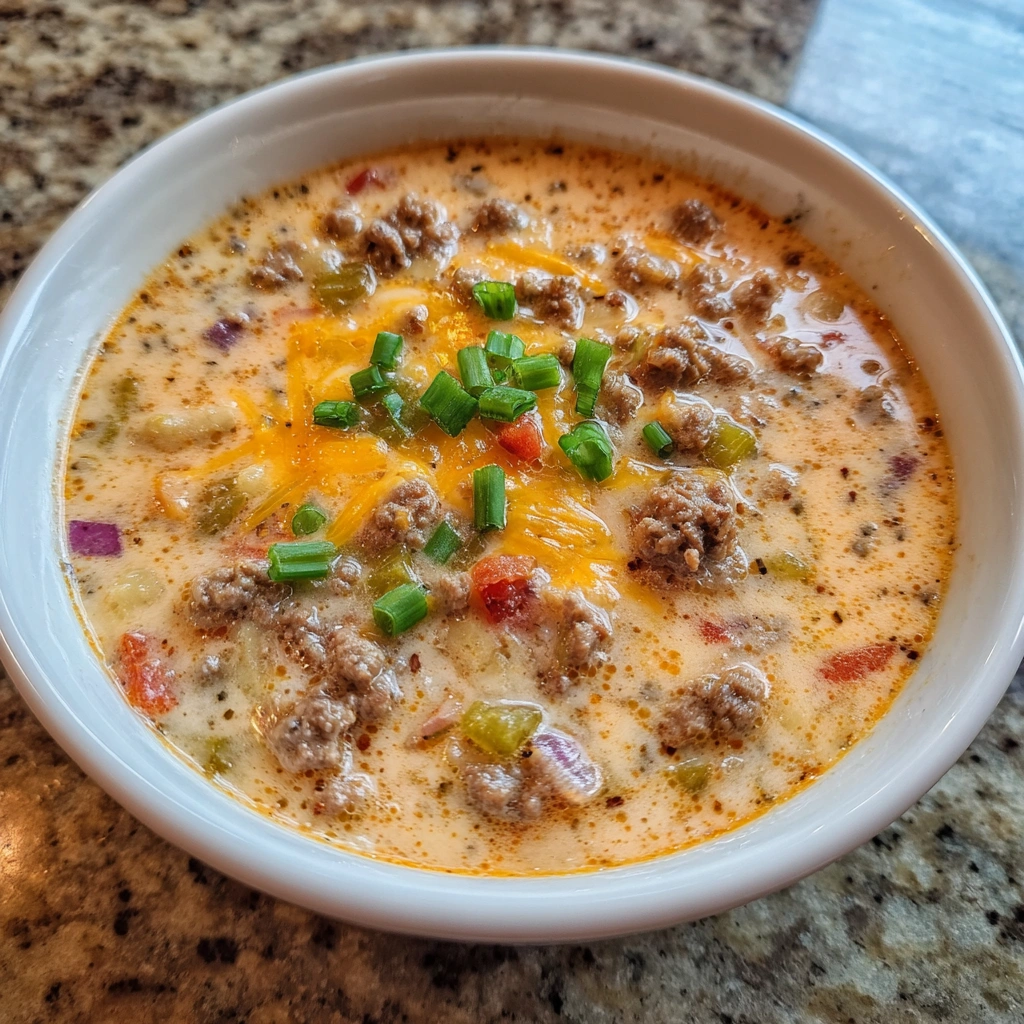Thick and hearty soup with ground beef, potatoes, and Velveeta