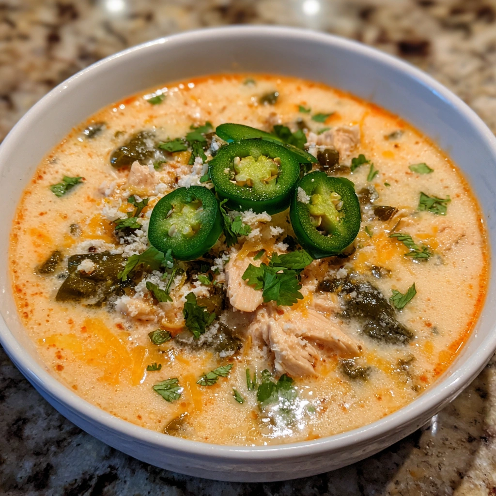 Bowl of creamy chile relleno soup with roasted poblanos, chicken, and cheese.