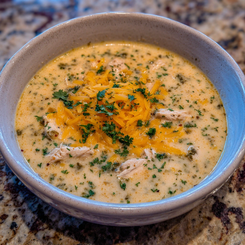 Spoonful of cheesy chicken and poblano soup lifted from a bowl.
