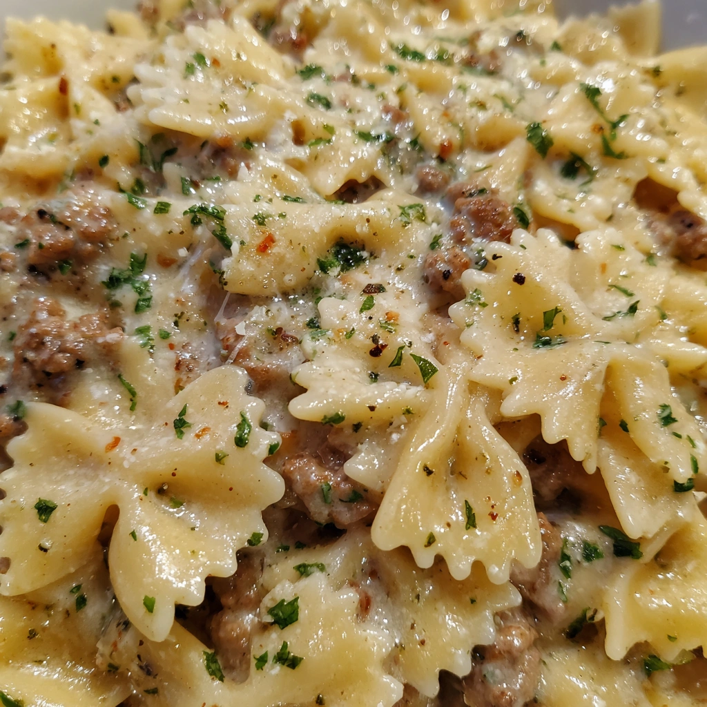 Creamy Parmesan Garlic Beef Bowtie Pasta in a skillet.