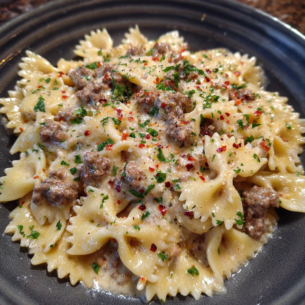 Creamy Parmesan Garlic Beef Bowtie Pasta