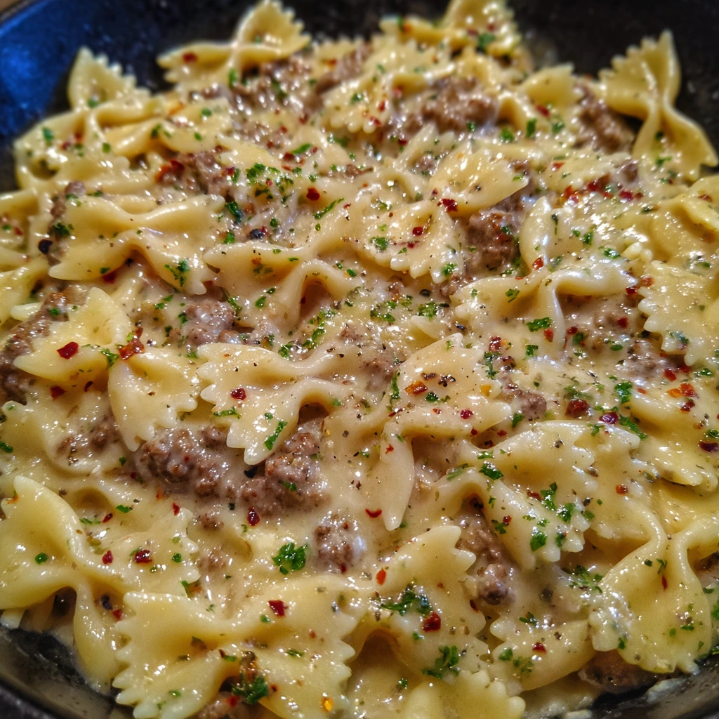 Close-up of bowtie pasta coated in cheesy garlic sauce with ground beef.