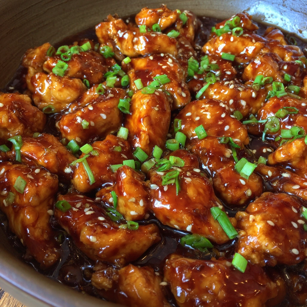 Crock Pot chicken in a glossy soy-based glaze garnished with sesame seeds