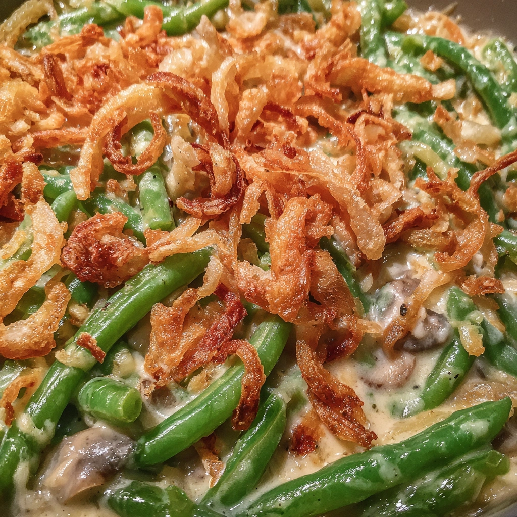 Fresh green bean casserole with golden mushroom sauce and crispy onions
