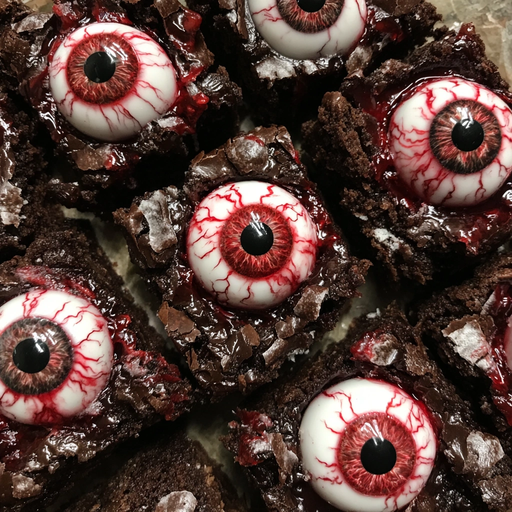 Eyeball Brownies: Brownie squares topped with white icing and candy eyeballs