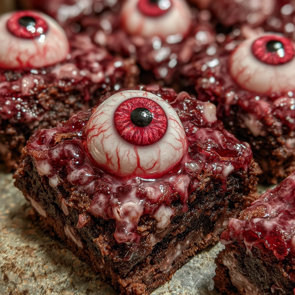 Close-up of brownie with red gel bloodshot lines and candy eye