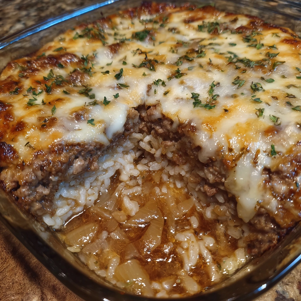 Cheesy casserole packed with ground beef, rice, and sweet caramelized onions.