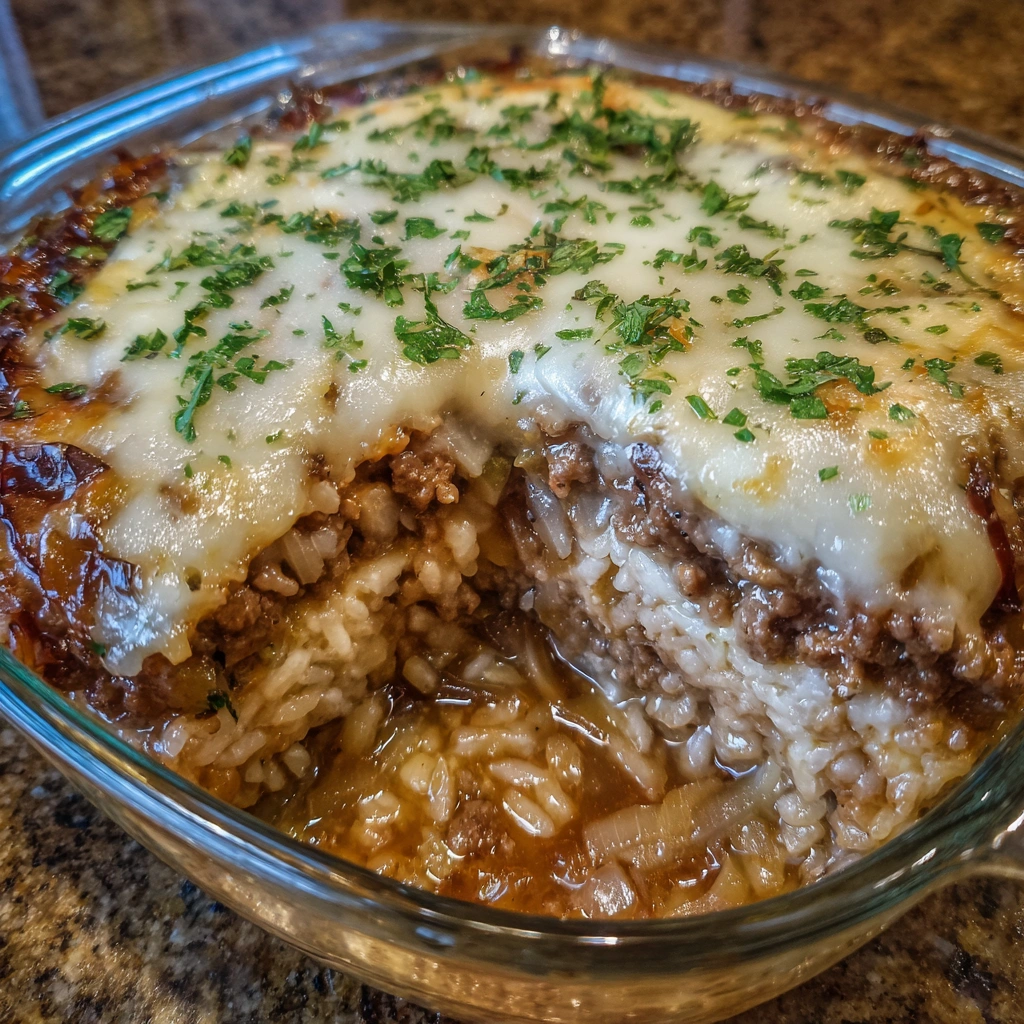 Bubbly cheese topping over a beef and rice casserole with caramelized onions.