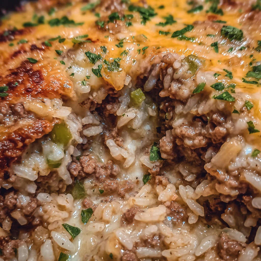 Hearty rice and beef skillet mixed with melted cheddar and Parmesan for a rich sauce.