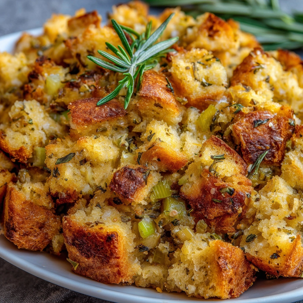 Classic bread stuffing with herbs baked to golden perfection