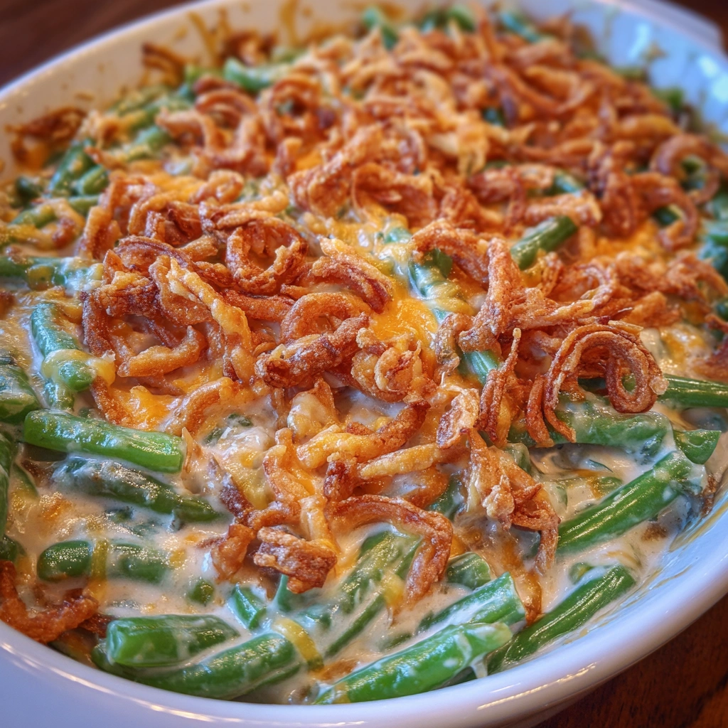 Green bean casserole topped with golden fried onions and melted cheese