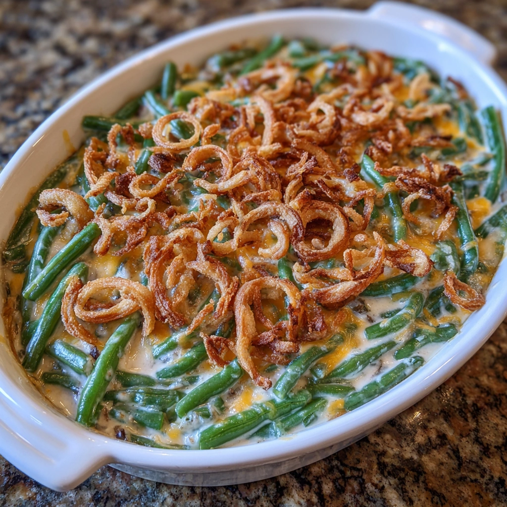 Green bean casserole with cheddar and crispy onions is a holiday must-have.