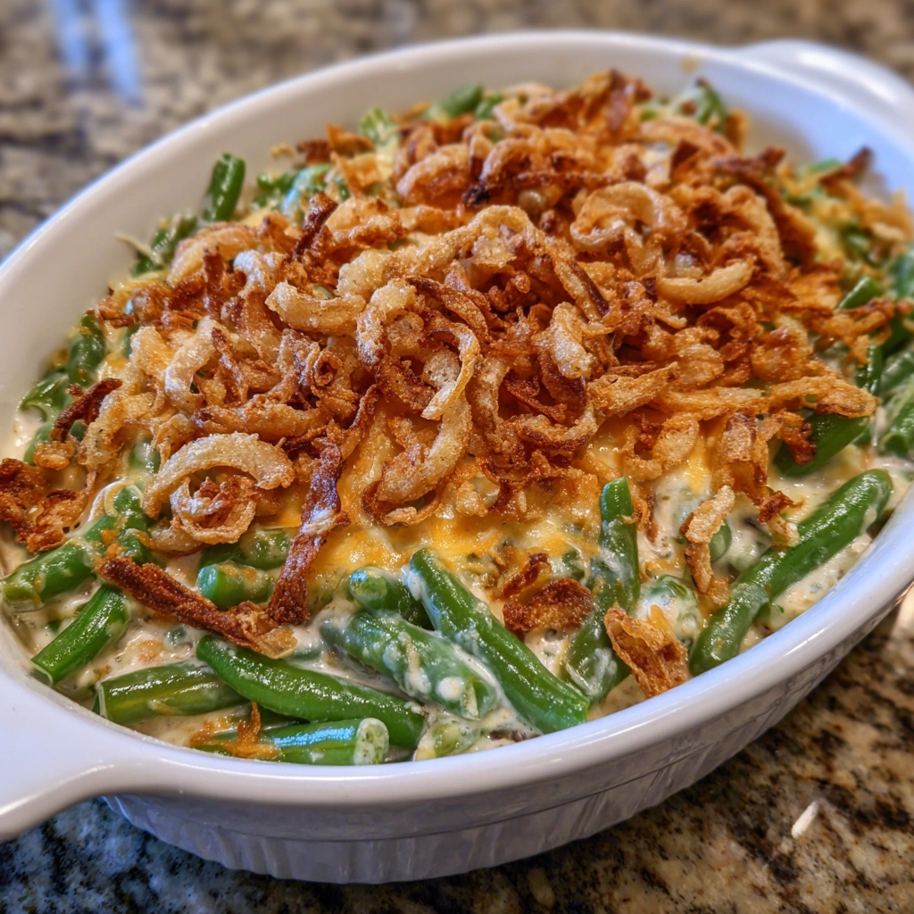 Serving spoon lifting a portion of green bean casserole