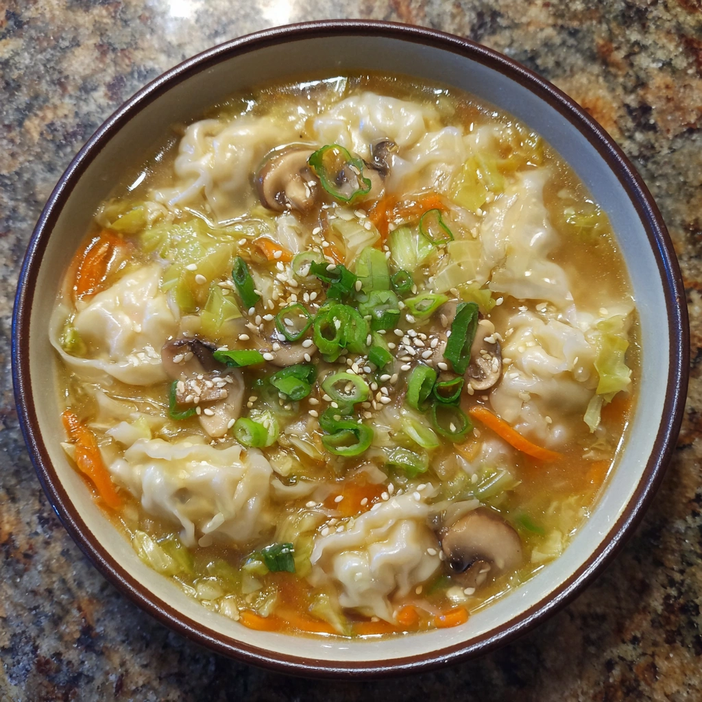 Light broth soup with gyoza, mushrooms, and green onion