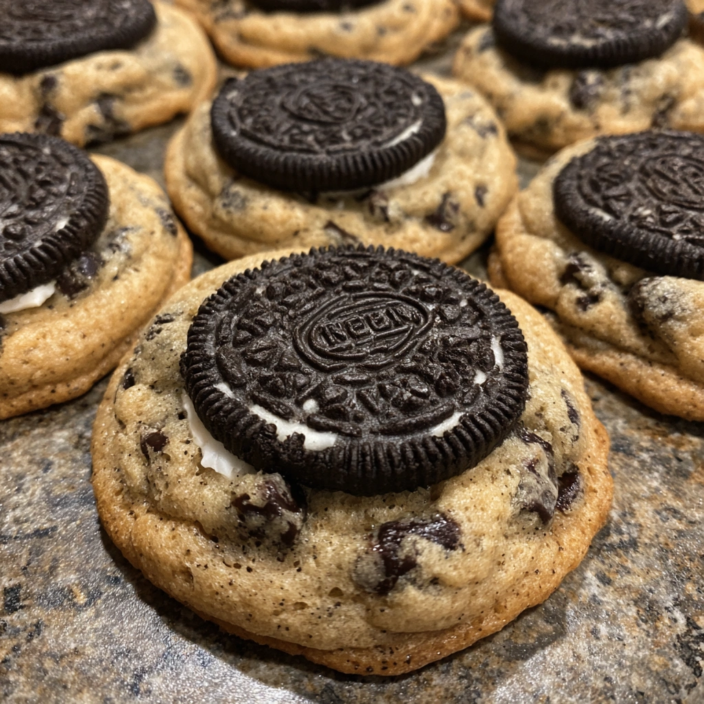 Halloween Oreo stuffed inside a gooey chocolate chip cookie